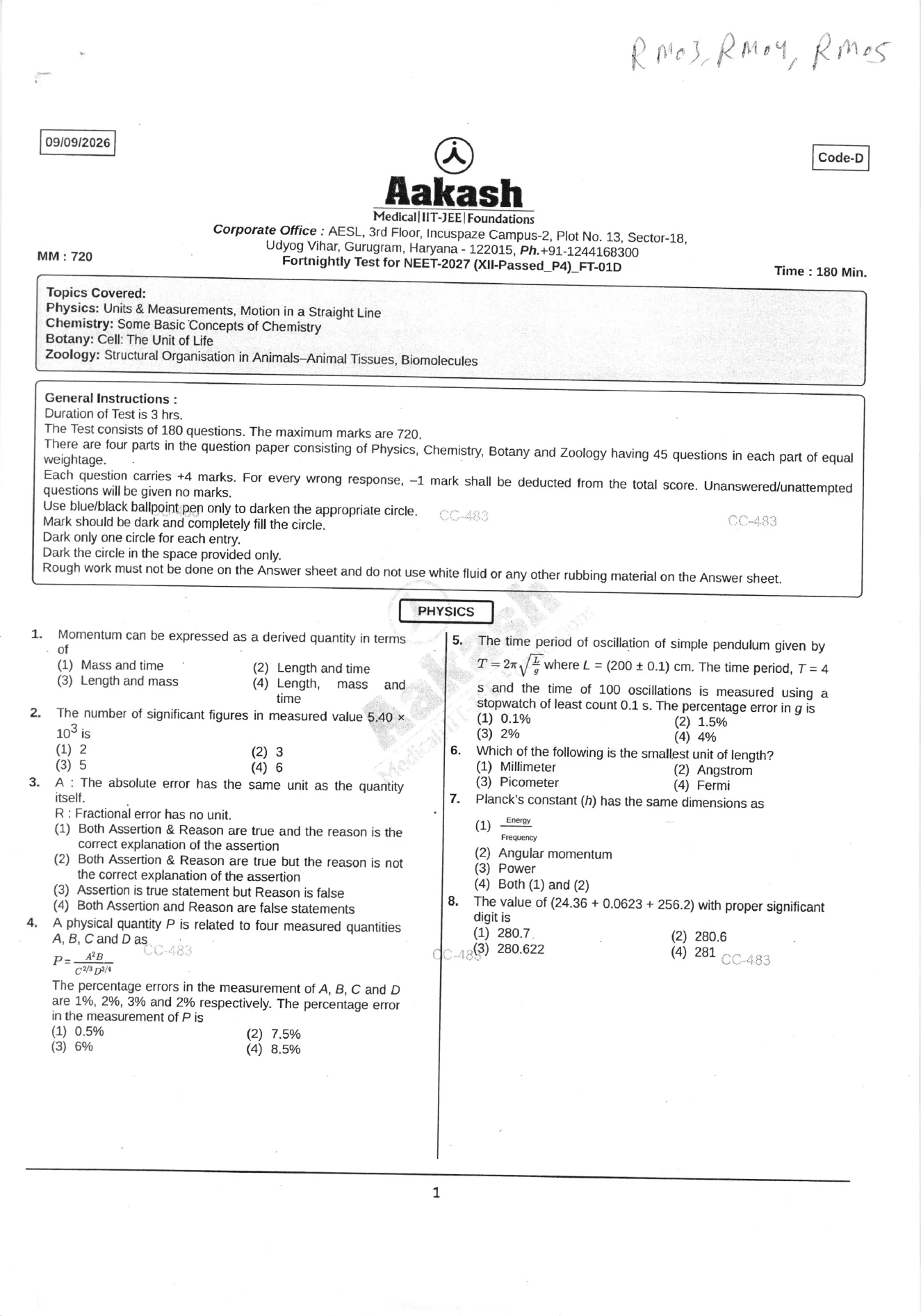 FT-01 question paper page 1
